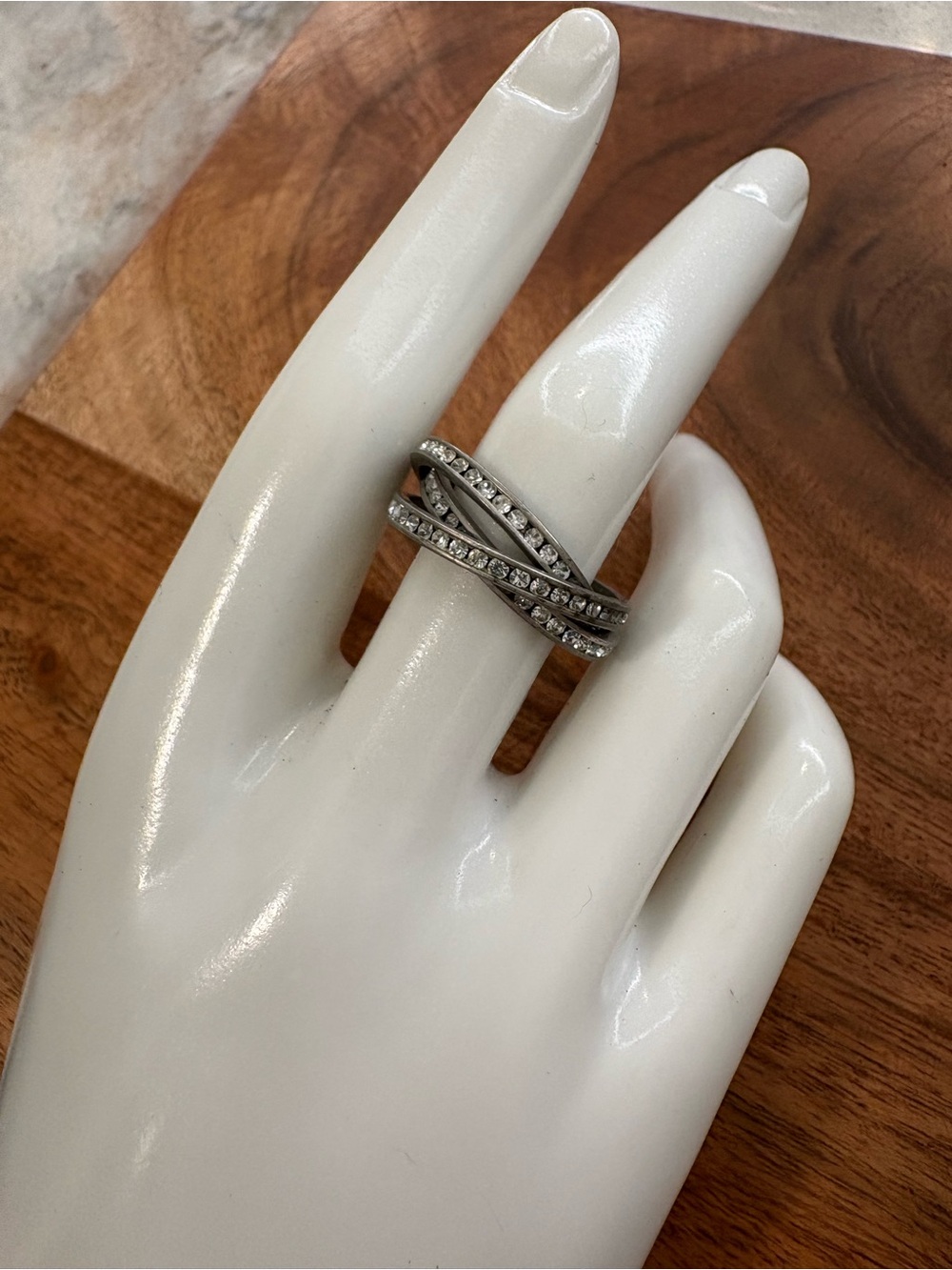Sterling Silver Crystal Crossover Ring - Elegant Women's Jewelry Size 6